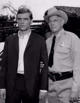 Photo of Keir Dullea (left) and Denver Pyle from the television program Kraft Mystery Theatre. The episode is "Cry Ruin".