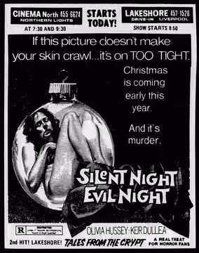 Theatre advertisement for the film, Black Christmas under the U.S title, Silent Night, Evil Night. 14 May, 1975.
