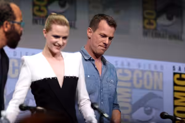 Evan Rachel Wood and Jonathan Nolan speaking at the 2017 San Diego Comic Con International, for "Westworld", at the San Diego Convention Center in San Diego, Ca