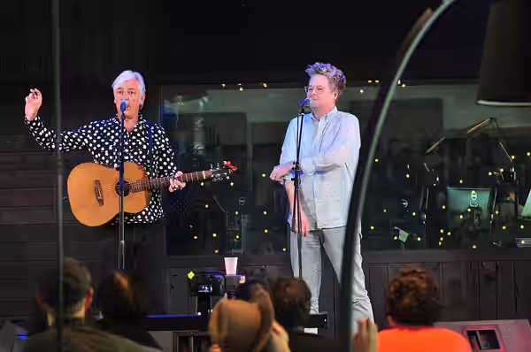 Robyn Hitchcock and Sean Nelson performing at the Gathering Space, KEXP studio, Seattle Center, Seattle, Washington during the inaugural week of the new studios