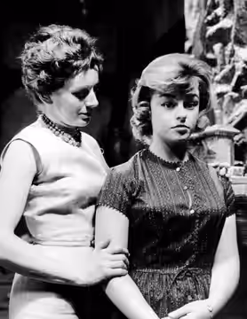 Photo of Chase Crosley (as Faye Bannister, left) and Patty McCormack (as Lisha Steele) from the television version of the daytime drama Young Doctor Malone.