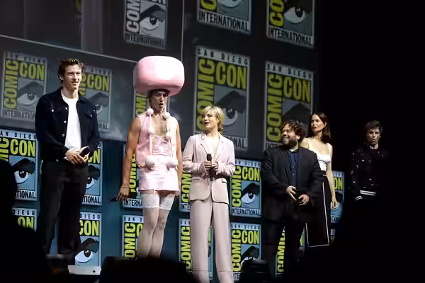 Callum Turner, Ezra Miller, Alison Sudol, Dan Fogler, Katherine Waterston and Eddie Redmayne speaking at the 2018 San Diego Comic Con International, for "Fantas