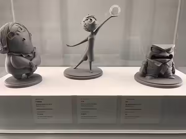 Presentació de l'exposició "Pixar. Construint personatges" al CaixaForum Girona. Tres maquetes de Jerome Ranft per a Del revés (Inside Out), 2015, resina d'uret (2021)