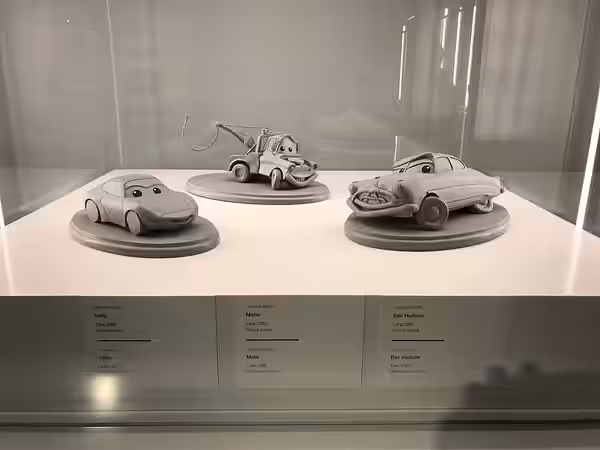 Presentació de l'exposició "Pixar. Construint personatges" al CaixaForum Girona. Inclou tres maquetes de Jerome Ranft per a Cars, 2006, resina d'uretà: Sally, M (2021)