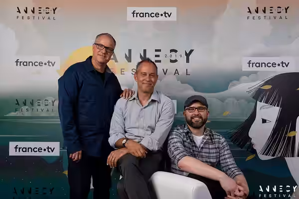 Mark Nielsen, Jonas Rivera and Josh Cooley at the screening event of "Toy Story 4" at the 2019 Annecy International Animation Festival.