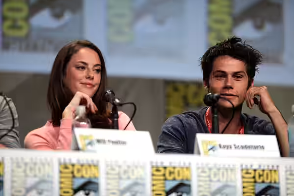Kaya Scodelario and Dylan O'Brien speaking at the 2014 San Diego Comic Con International, for "The Maze Runner", at the San Diego Convention Center in San Diego