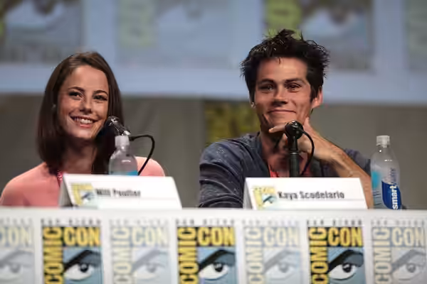 Kaya Scodelario and Dylan O'Brien speaking at the 2014 San Diego Comic Con International, for "The Maze Runner", at the San Diego Convention Center in San Diego