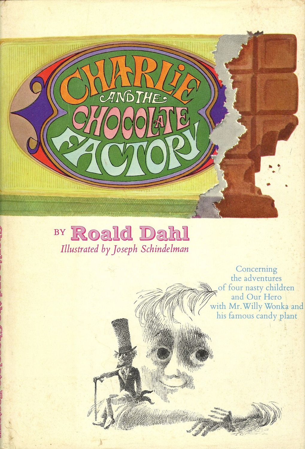 Front cover of the first US edition of Charlie and the Chocolate Factory by Roald Dahl. No copyright markings on the dust jacket, which required a separate noti (1964)