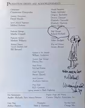 Token of appreciation to stage manager, Roland Richard, by Maurice Sendak, on the program of The Magic Flute (1989) by the Opera/Music Theater Institute of New 