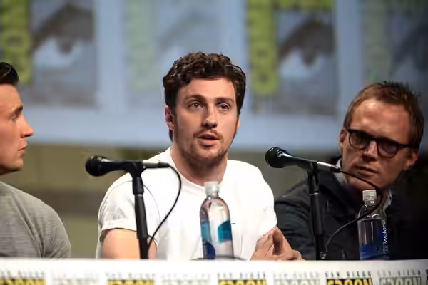 Aaron Taylor-Johnson speaking at the 2014 San Diego Comic Con International, for "Avengers: Age of Ultron", at the San Diego Convention Center in San Diego, Cal
