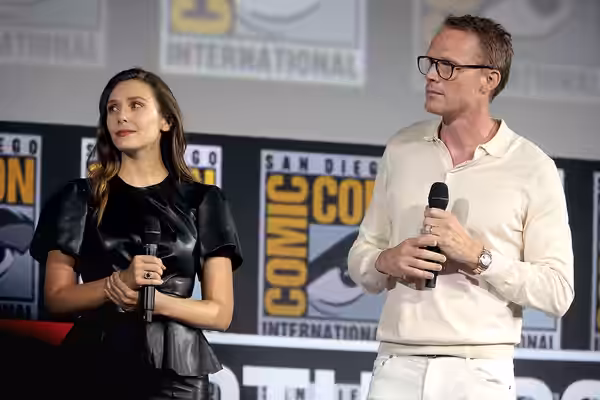 Elizabeth Olsen and Paul Bettany speaking at the 2019 San Diego Comic Con International, for "WandaVision", at the San Diego Convention Center in San Diego, Cal