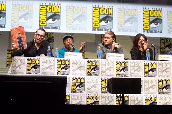 Kurt Sutter, Paris Barclay, Charlie Hunnam and Katey Sagal speaking at the 2013 San Diego Comic Con International, for "Sons of Anarchy", at the San Diego Conve
