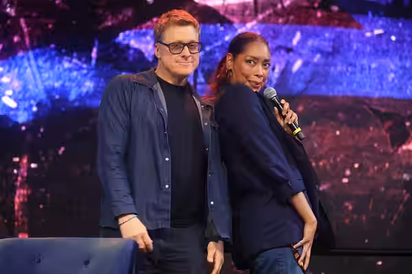 Alan Tudyk and Gina Torres speaking with attendees at the 2024 Phoenix Fan Fusion at the Phoenix Convention Center in Phoenix, Arizona. Please attribute to Gage