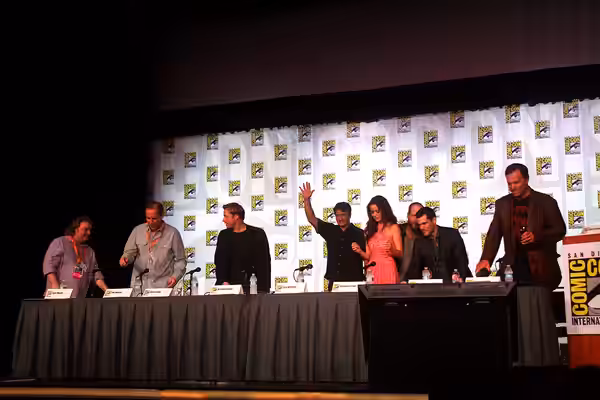 The Firefly cast, Joss Whedon, Nathan Fillion, Alan Tudyk, Summer Glau, Adam Baldwin, Sean Maher, Jose Molina and Tim Minear, speaking at the 2012 San Diego Com