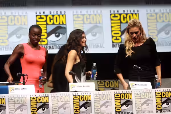 Danai Gurira, Tatiana Maslany and Katee Sackhoff speaking at the 2013 San Diego Comic Con International, for Entertainment Weekly's "Women Who Kick Ass" panel, 