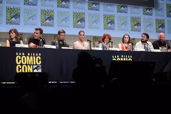 Alison Haislip, Nolan North, Casper Van Dien, Tricia Helfer, Mindy Sterling, Felicia Day, Wil Wheaton and Barry Bishop speaking at the 2015 San Diego Comic Con 