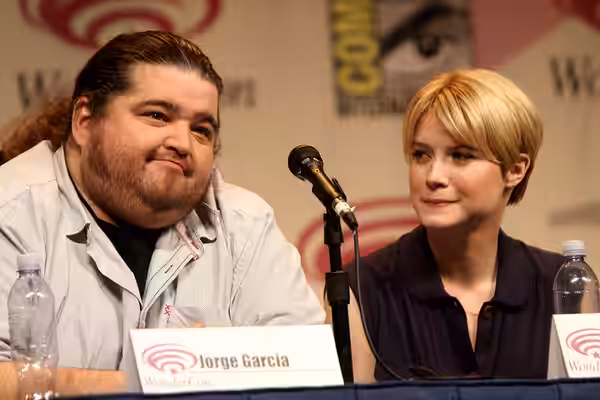 Jorge Garcia and Sarah Jones speaking at the 2012 WonderCon in Anaheim, California. Please attribute to Gage Skidmore if used elsewhere.