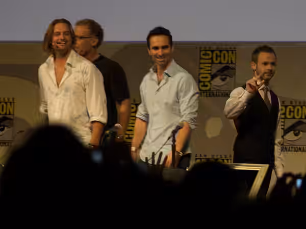 from right to left — Dominic Monaghan (Charlie), Nestor Carbonell (Richard Alpert), Josh Holloway (Sawyer) on Comic Con 2009
