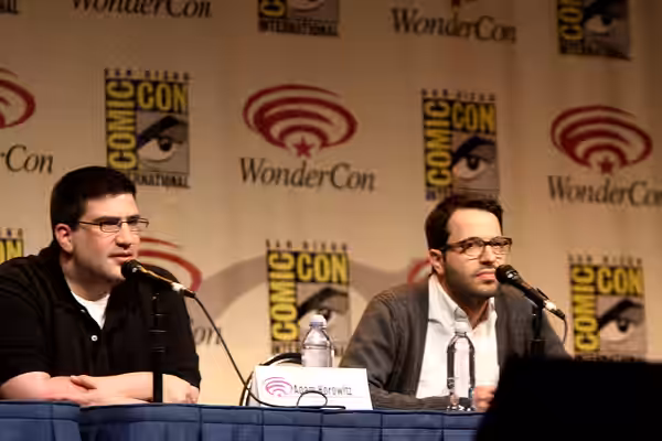 Adam Horowitz and Eddy Kitsis speaking at the 2012 WonderCon in Anaheim, California. Please attribute to Gage Skidmore if used elsewhere