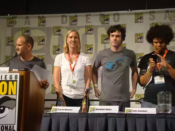 Director Javier Grillo-Marxuach, writer Sarah Watson, actors Brendan Hines &amp; Jake Smollett at Comic-Con panel for The Middleman TV show (2009)