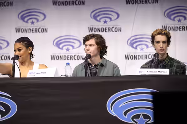 Alexandra Shipp, Evan Peters and Kodi Smit-McPhee speaking at the 2019 WonderCon, for "Dark Phoenix", at the Anaheim Convention Center in Anaheim, California. P