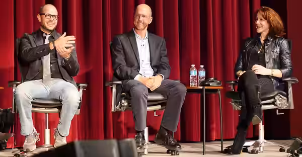 Damon Lindeloff, Mike Royce and Janet Tamaro speaking at panel after LA premiere of feature-length documentary, "Showrunners," in which they appear. (2014)
