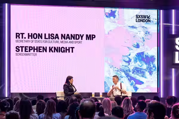 Lisa Nandy MP &amp; Steven Knight at the SXSW London festival hosted in London, England during June 2026. Misspelt Steven on screen.