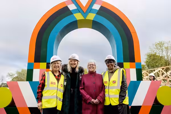 24 hour build of The WOW Barn took place on 30 April-1 May 2023. Jude Kelly from WOW, Tracy Brabin -Mayor of West Yorkshire, Baroness Judith Blake of Leeds and 