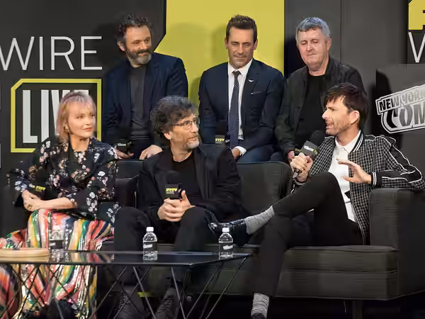 Good Omens panel at New York Comic Con in October 2018. Front: Miranda Richardson, Neil Gaiman, David Tennant. Rear: Michael Sheen, Jon Hamm, Douglas Mackinnon.