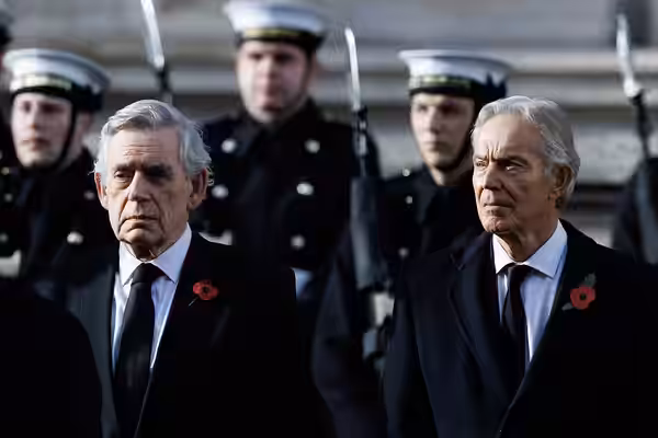 09/11/2025. London, United Kingdom. Former Prime Ministers, Tony Blair and Gordon Brown attends the Remembrance Sunday Ceremony at the Cenotaph alongside King C