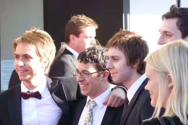 Cast of The Inbetweeners, actors Simon Bird, Joe Thomas, James Buckley and Blake Harrison (2009)