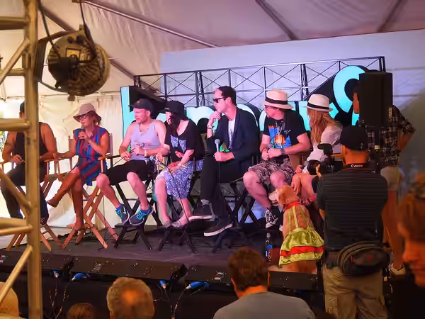 The panel of musicians and actors fields a question at a Bonnaroo 2012 press conference.
