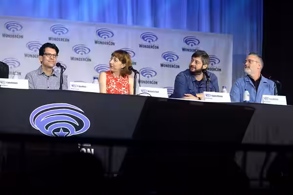 Dan Mintz, Kristen Schaal, Eugene Mirman and Larry Murphy speaking at the 2022 WonderCon, for "The Bob's Burgers Movie", at the Anaheim Convention Center in Ana