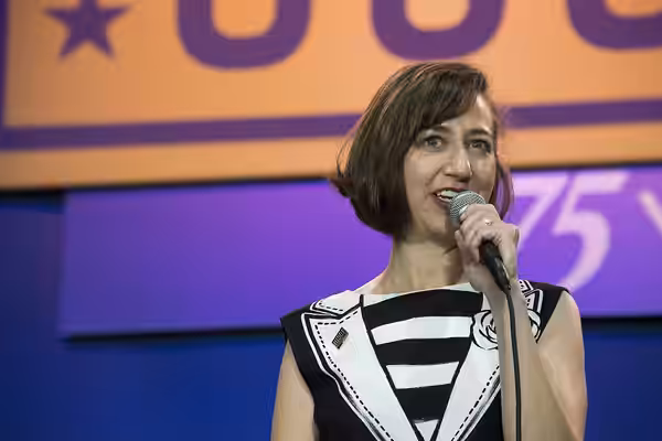 Actress, voice artist and comedian Kristen Schaal gives a comedic performance to a group of service members during a USO celebration of its 75th birthday, Milit (2016)