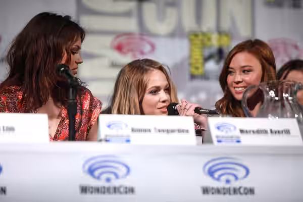 Aimee Teegarden, Natalie Hall and Malese Jow speaking at the 2014 WonderCon, for Star-Crossed, at the Anaheim Convention Center in Anaheim, California.