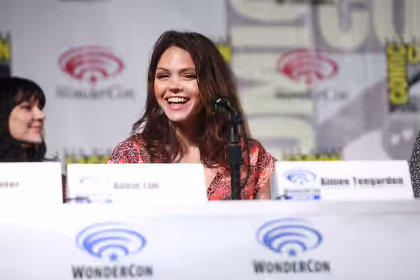 Aimee Teegarden speaking at the 2014 WonderCon, for "Star-Crossed", at the Anaheim Convention Center in Anaheim, California. Please attribute to Gage Skidmore i