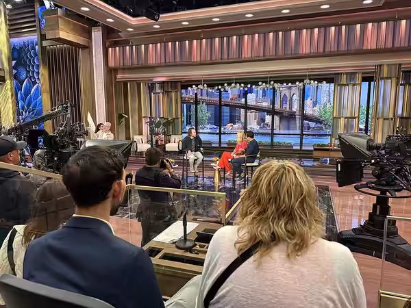 “Live with Kelly &amp; Mark” hosts Kelly Ripa and Mark Consuelos interviewing actor Taylor Kitsch at a live taping of the September 2, 2025 episode of the show 