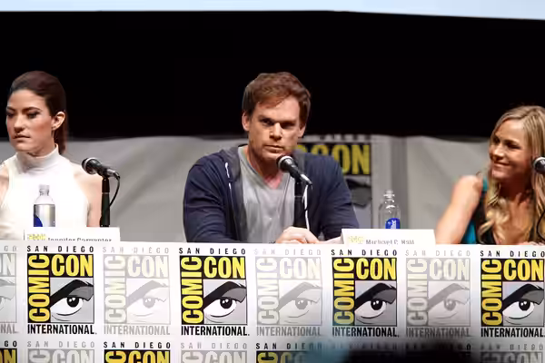 Jennifer Carpenter, Michael C. Hall and Julie Benz speaking at the 2013 San Diego Comic Con International, for "Dexter", at the San Diego Convention Center in S