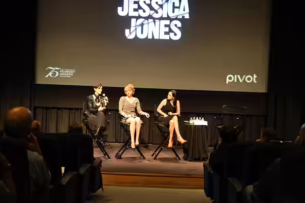 This photo includes Carrie-Anne Moss, Melissa Rosenberg and Krysten Ritter. Peabody's "Marvel's Jessica Jones" Night was held on Wednesday, May 18, 2016 at the 