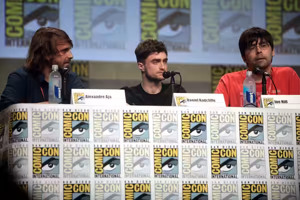 Alexandre Aja, Daniel Radcliffe and Joe Hill speaking at the 2014 San Diego Comic Con International, for "Horns", at the San Diego Convention Center in San Dieg