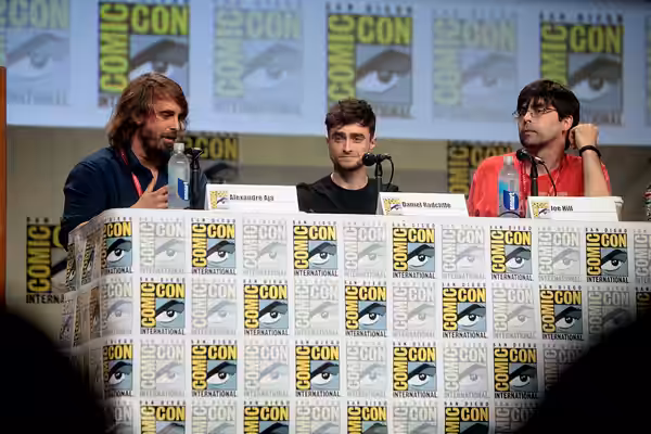 Alexandre Aja, Daniel Radcliffe and Joe Hill speaking at the 2014 San Diego Comic Con International, for "Horns", at the San Diego Convention Center in San Dieg