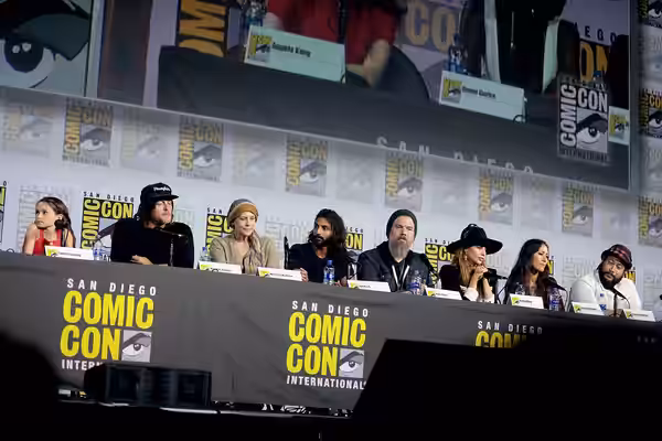 Cailey Fleming, Norman Reedus, Melissa McBride, Avi Nash, Ryan Hurst, Nadia Hilker, Eleanor Matsuura and Cooper Andrews speaking at the 2019 San Diego Comic Con