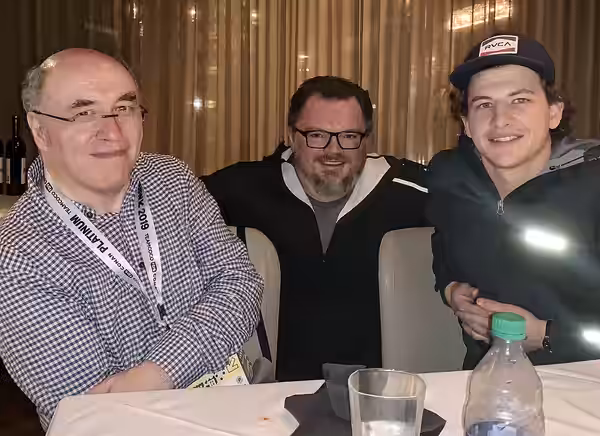 Adam Jay Harrison (center) pictured with inventor and entrepreneur, Stephen Wolfram, and actor Tye Sheridan at the 2019 SXSW Conference in Austin, TX.