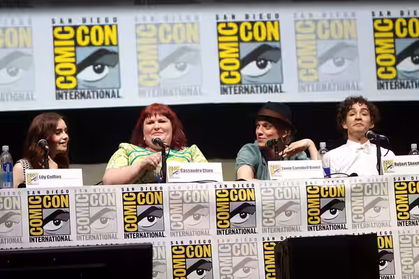 Lily Collins, Cassandra Clare, Jamie Campbell Bower and Robert Sheehan speaking at the 2013 San Diego Comic Con International, for "The Mortal Instruments: City