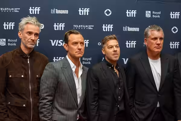 Ben Jackson, Jude Law, Zach Baylin, and Stuart Ford at the 2024 Toronto International Film Festival (TIFF) for the movie The Order. (2021)