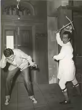 Milan, Teatro Manzoni. Aldo Giuffrè and Nino Taranto during the performance of the comedy Caviar and Lentils by Giulio Scarnicci and Renzo Tarabusi. (1957)