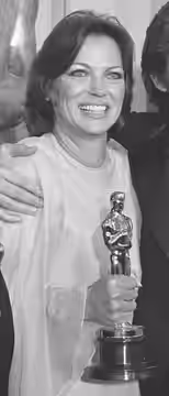 Louise Fletcher holding her Oscar for Best Actress at the 48th Academy Awards on March 30, 1976