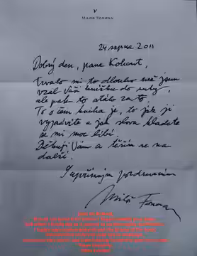 A letter by Milos Forman to Milan Kohout praising his book. (2013)