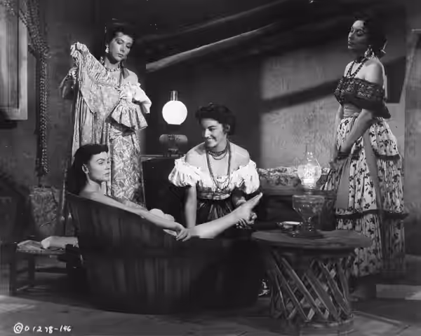 Publicity photo of Donna Reed and Alma Beltran in the 1953 Colombia Pictures Western Gun Fury.