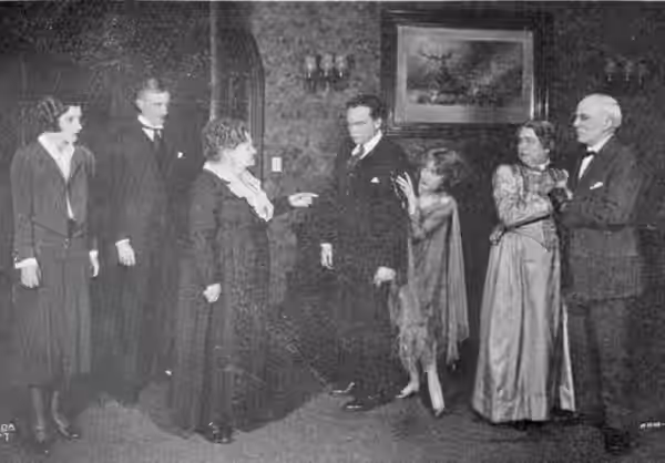 Act II Scene 1 from the Broadway production of 'The Wisdom Tooth' (1926). Characters are from left: Sally Field (Mary Philips), Farraday (Charles Laite), Mrs Po